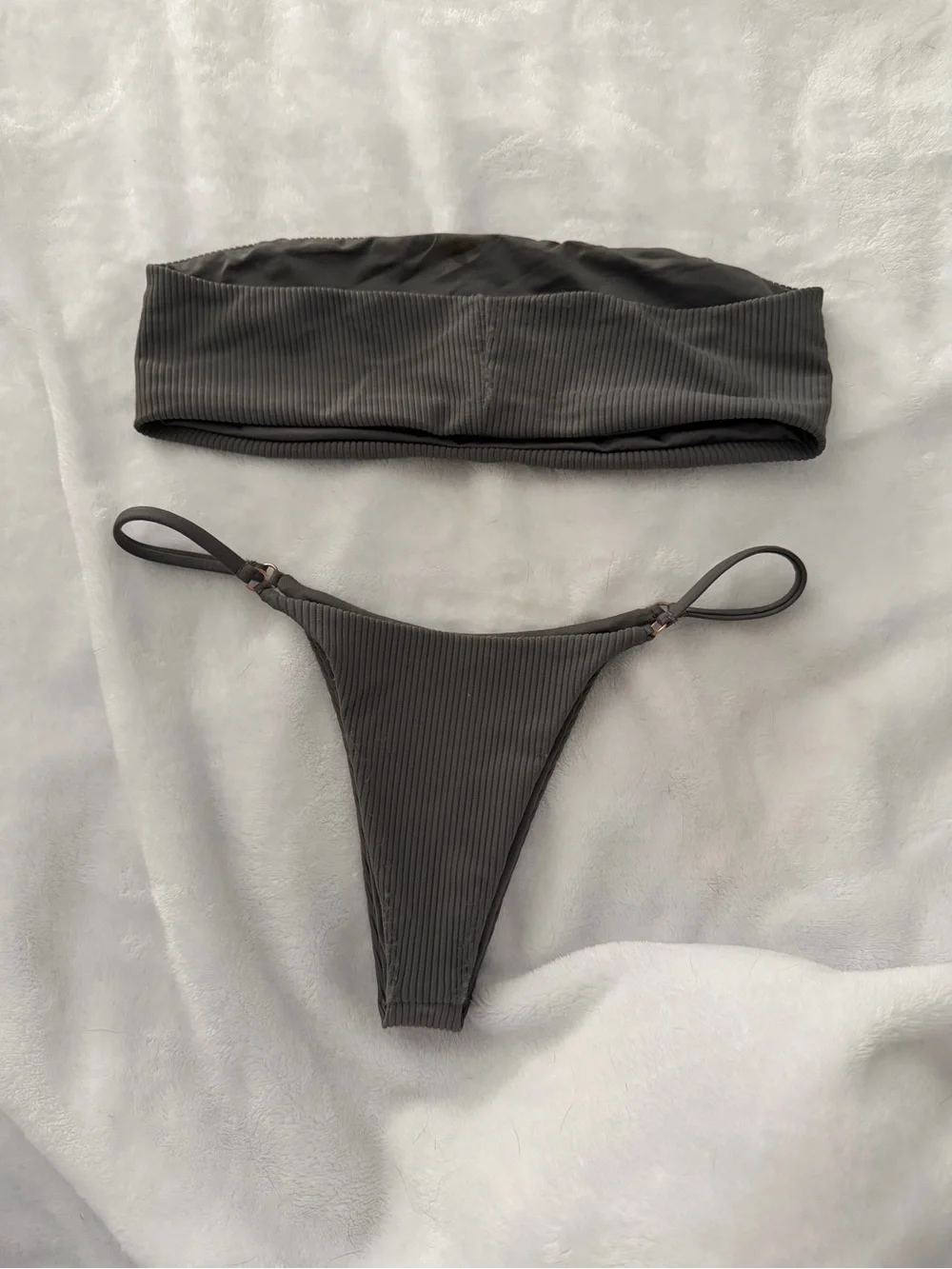 Frankie's Bikinis Ribbed Bandeau Bikini Set in Dark Grey